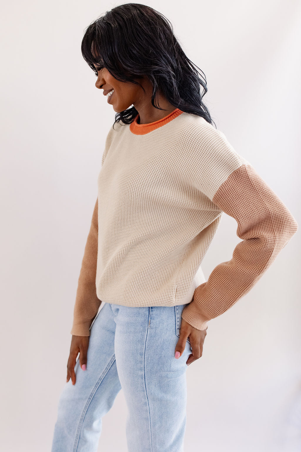 Rein Waffle Knit Colorblock Sweater | Taupe/Coral - Poppy and Stella