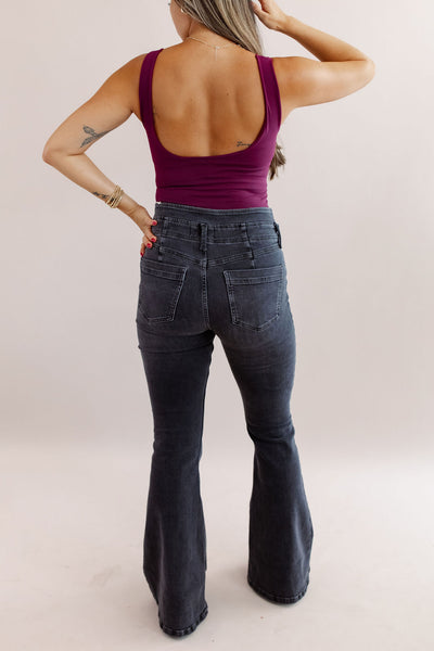 Free People | After Dark Mid Rise Flare Jean | Vintage Black - Poppy and Stella