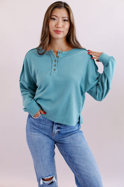Emry Waffle Knit Henley Top | Sage - Poppy and Stella