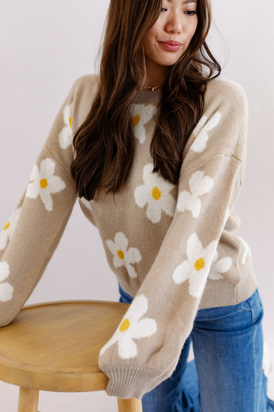 Lila Flower Sweater | Beige/White - Poppy and Stella