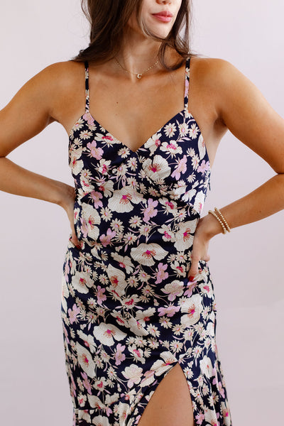 Indie Floral Satin Midi Dress - Poppy and Stella