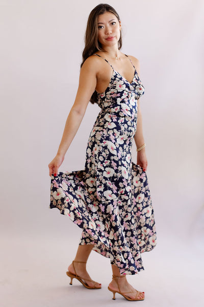 Indie Floral Satin Midi Dress - Poppy and Stella