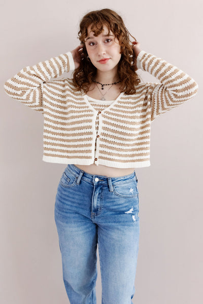 Brandi Crochet Knit Cardigan | Tan/White - Poppy and Stella