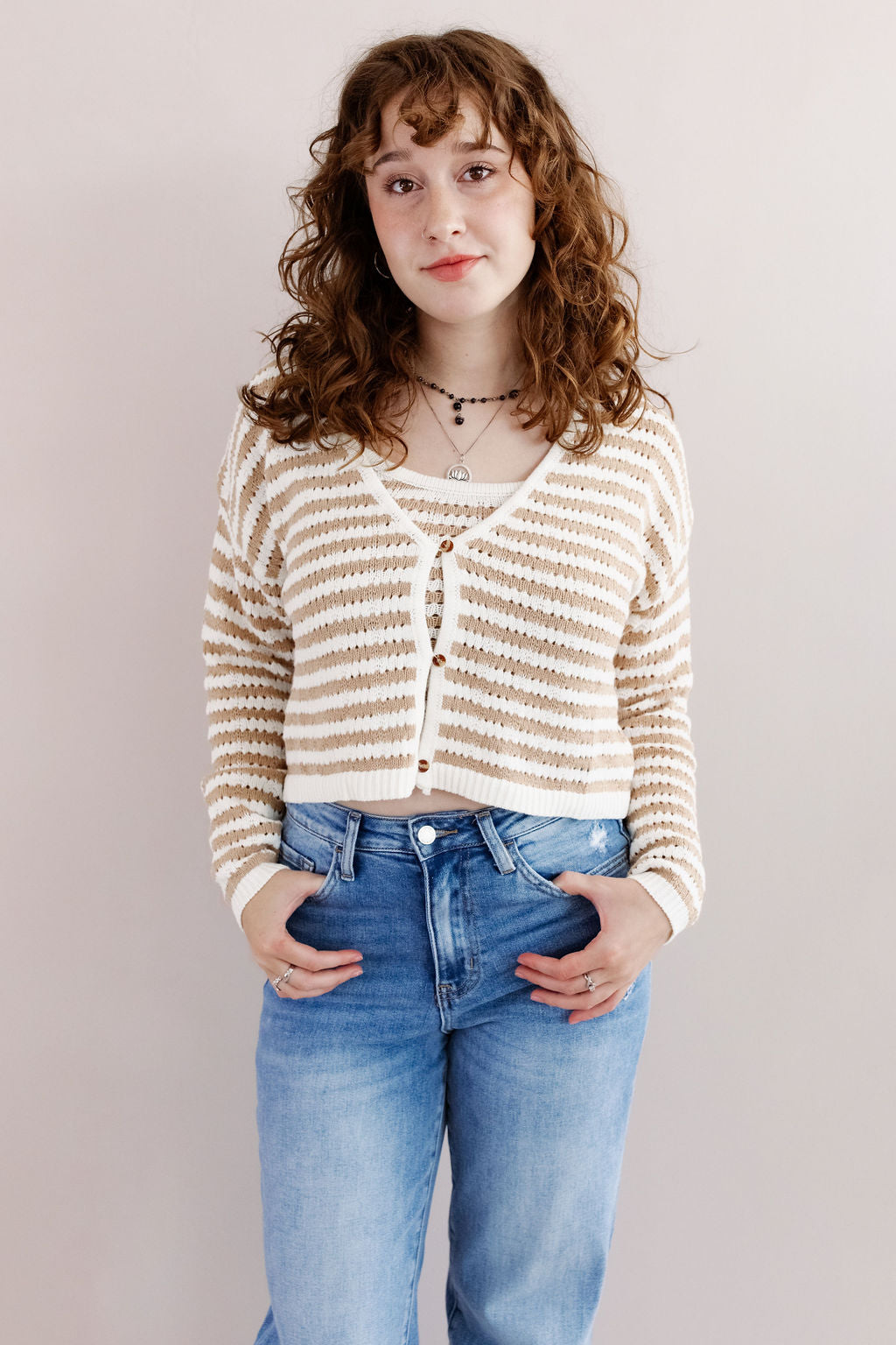 Brandi Crochet Knit Cardigan | Tan/White - Poppy and Stella