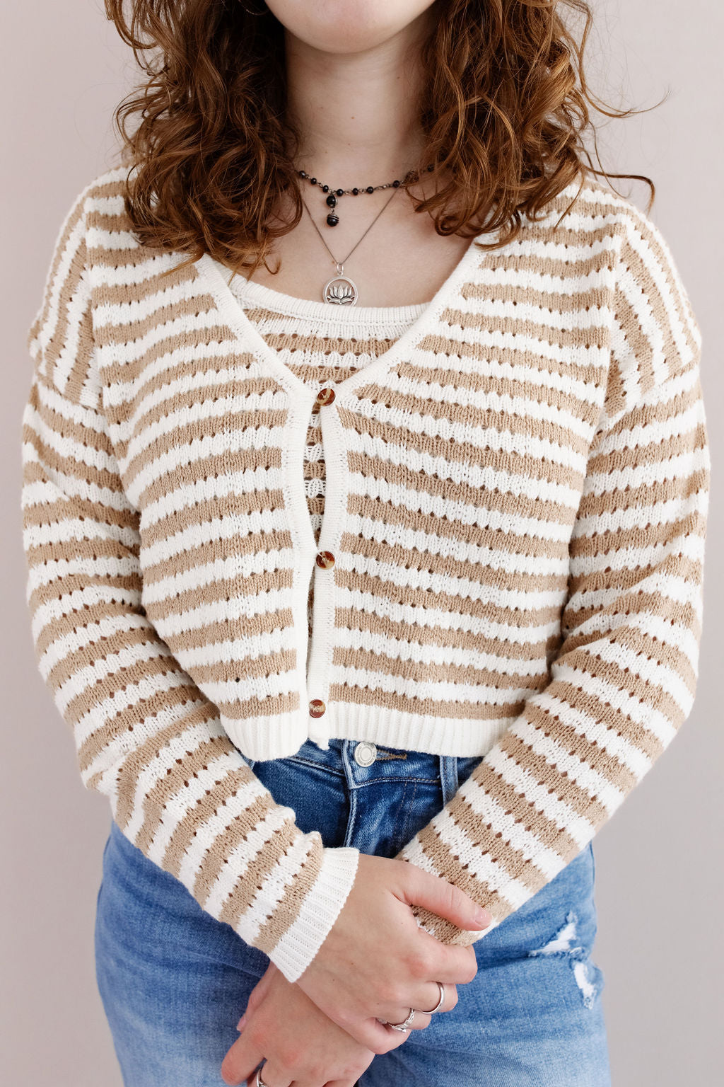 Brandi Crochet Knit Cardigan | Tan/White - Poppy and Stella