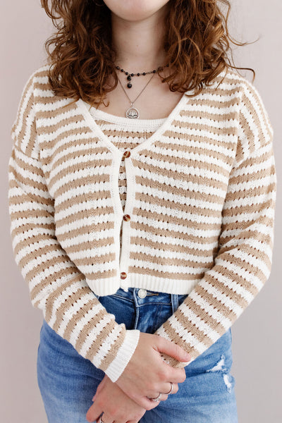 Brandi Crochet Knit Cardigan | Tan/White - Poppy and Stella
