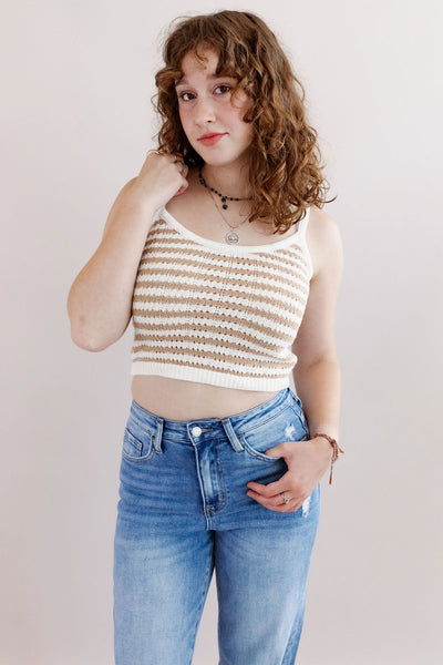 Bondi Crochet Knit Tank | Tan/White - Poppy and Stella