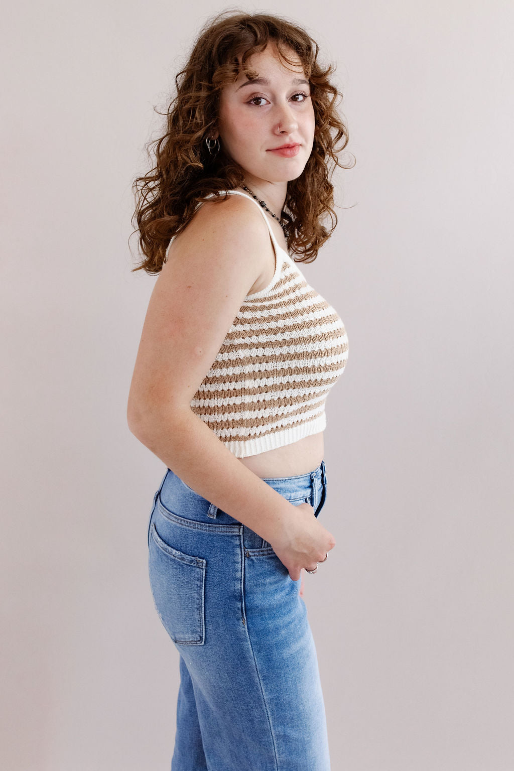 Bondi Crochet Knit Tank | Tan/White - Poppy and Stella