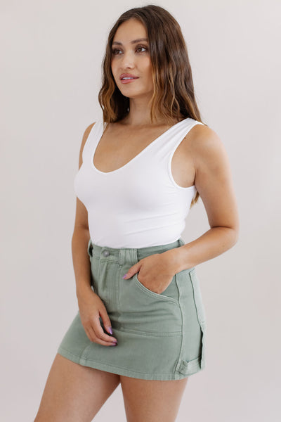 Fable Cargo Denim Mini Skirt | Olive - Poppy and Stella