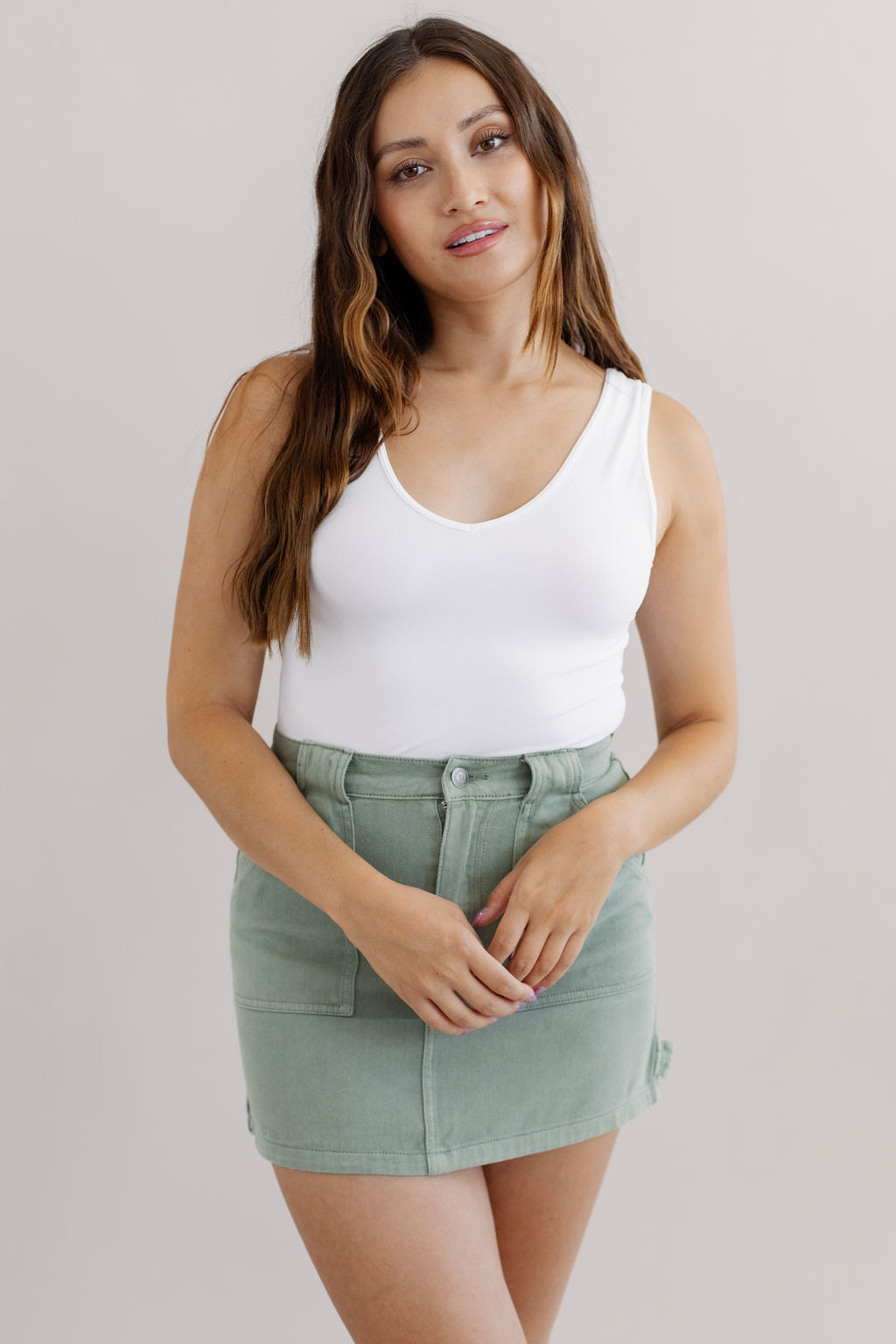 Fable Cargo Denim Mini Skirt | Olive - Poppy and Stella
