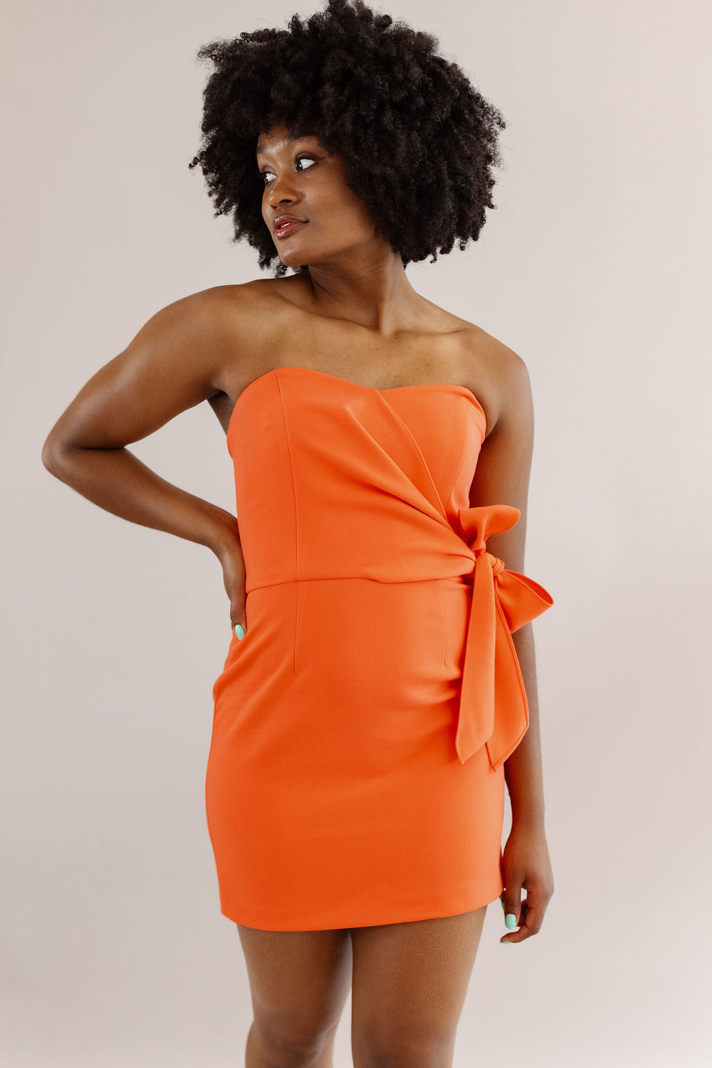 French Connection | Whisper Strapless Bow Dress | Neon Orange - Poppy and Stella