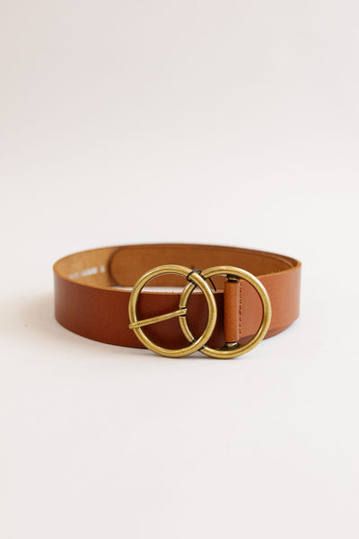 Belt | Wide Double Brass Ring Buckle Leather | Brown - Poppy and Stella