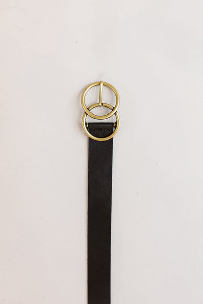 Belt | Wide Double Brass Ring Buckle Leather | Black - Poppy and Stella