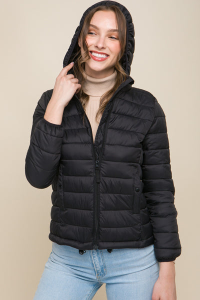Colette Zip Up Puffer Jacket with Storage Pouch | Black - Poppy and Stella