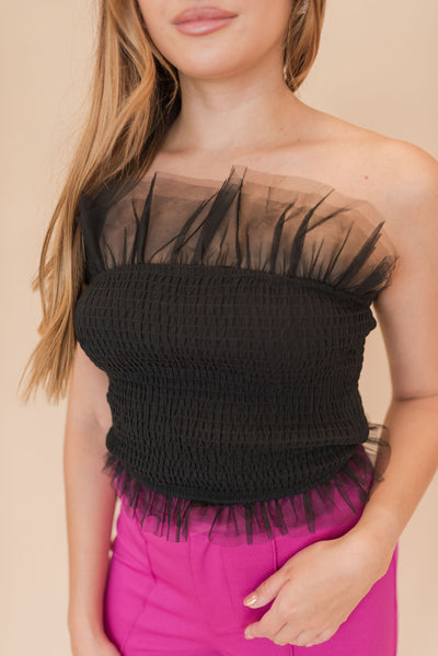 Rea Tulle Smocked Crop Top | Black - Poppy and Stella