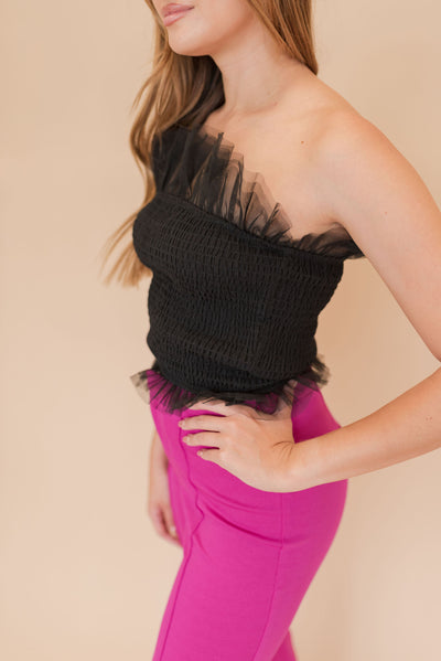 Rea Tulle Smocked Crop Top | Black - Poppy and Stella