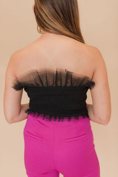 Rea Tulle Smocked Crop Top | Black - Poppy and Stella