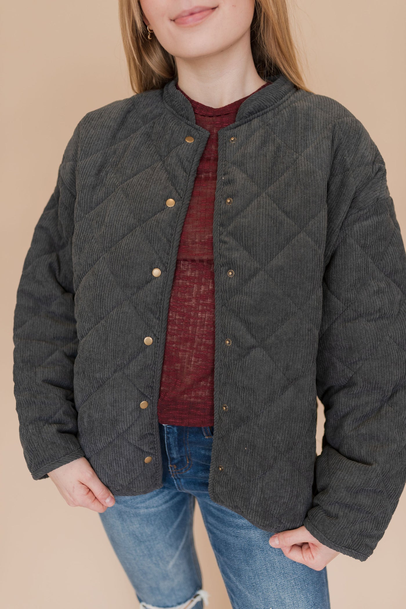 Lorraine Quilted Corduroy Jacket | Charcoal - Poppy and Stella