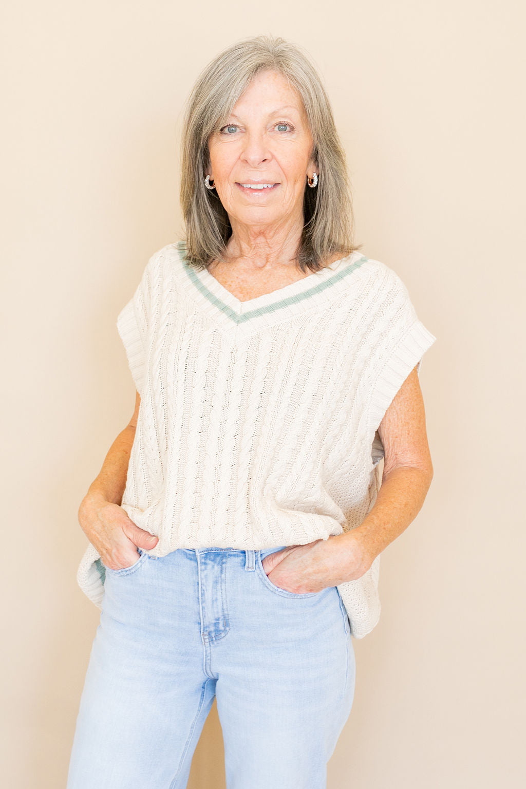 Penny Cable-Knit Oversized Sweater Vest | Taupe & Mint - Poppy and Stella