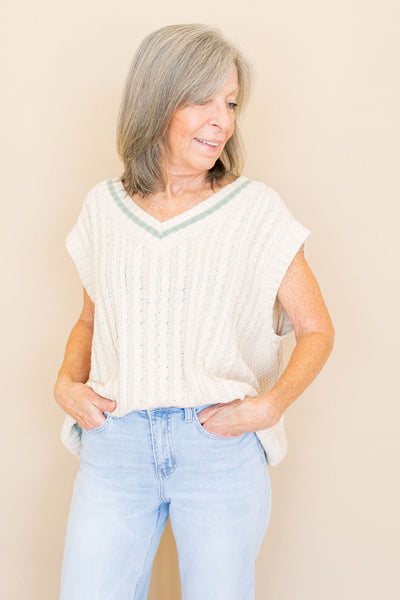Penny Cable-Knit Oversized Sweater Vest | Taupe & Mint - Poppy and Stella