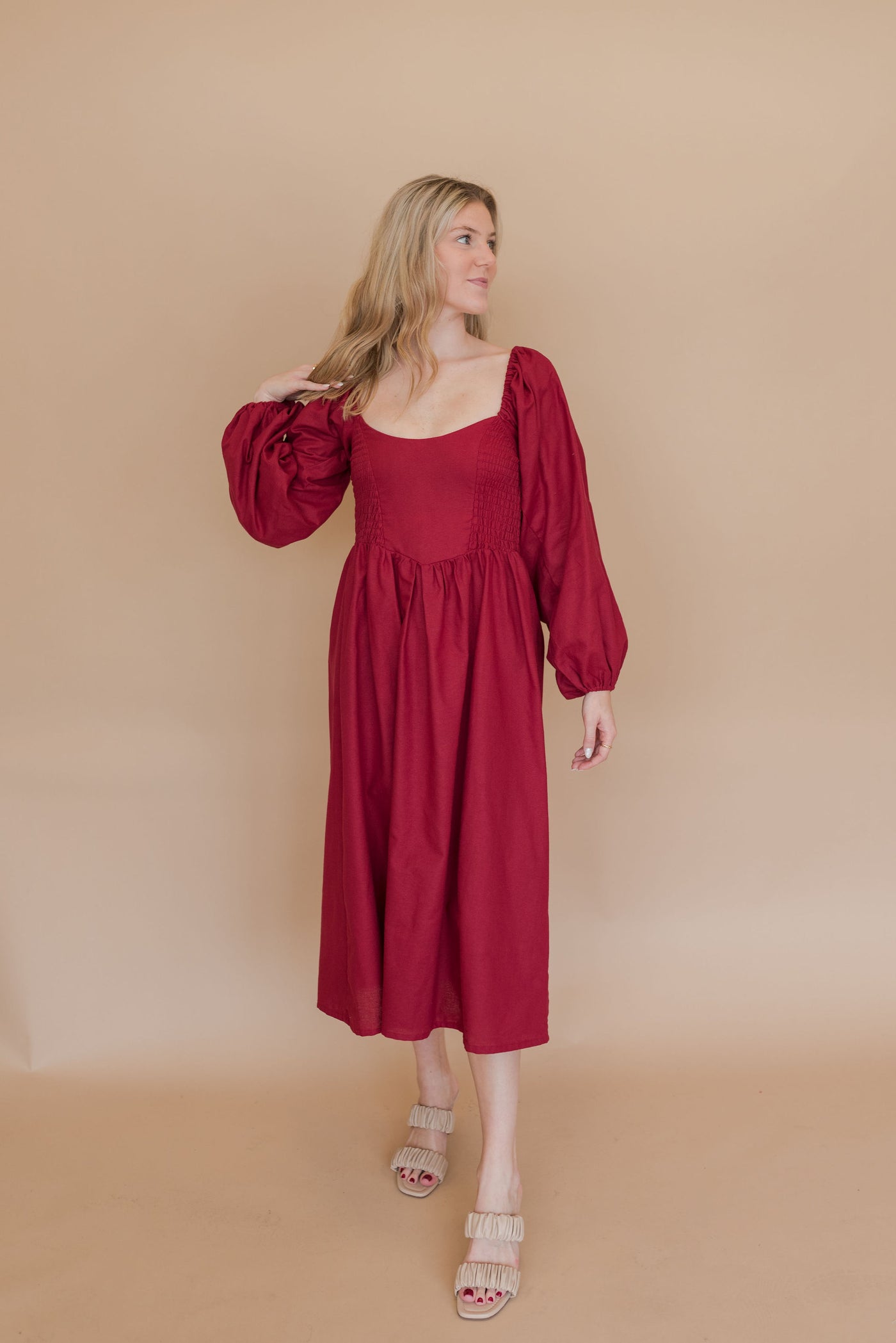 Alila Smocked Linen Midi Dress | Merlot - Poppy and Stella