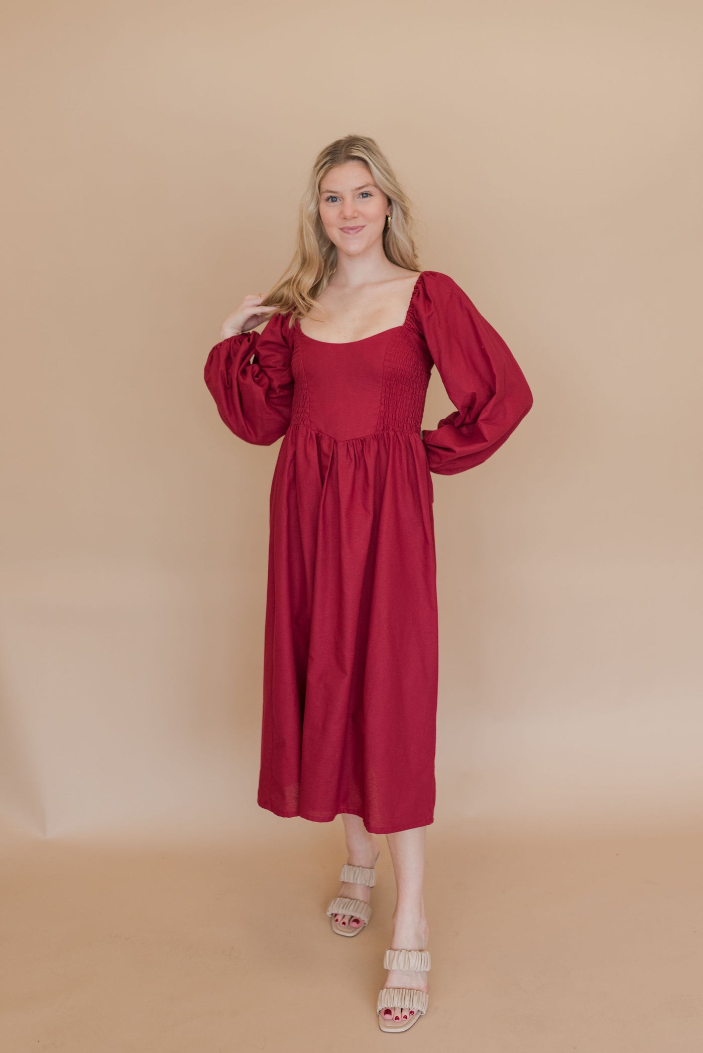 Alila Smocked Linen Midi Dress | Merlot - Poppy and Stella
