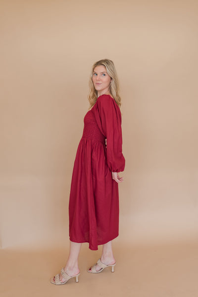 Alila Smocked Linen Midi Dress | Merlot - Poppy and Stella