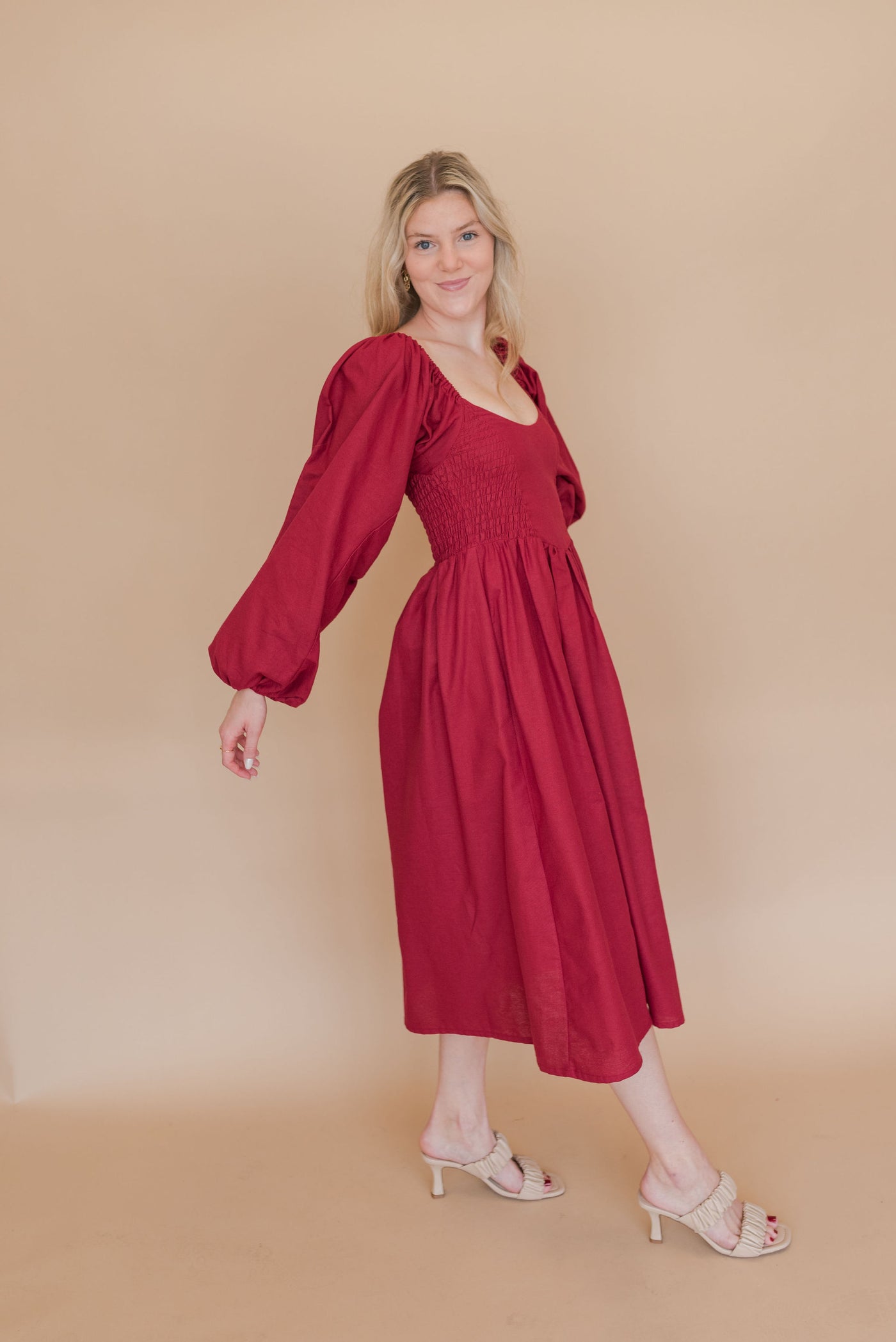 Alila Smocked Linen Midi Dress | Merlot - Poppy and Stella