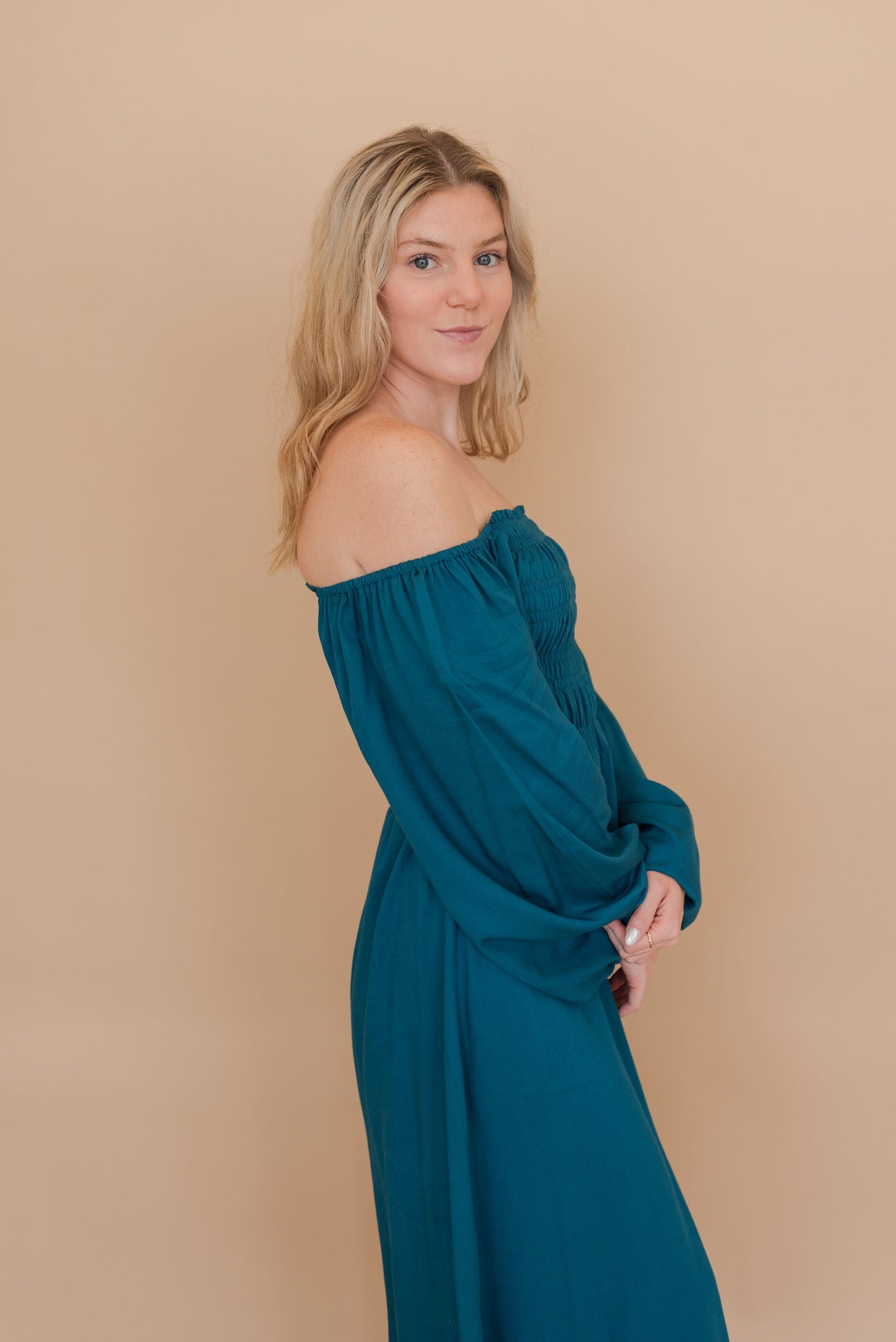 Kyndra Smocked Off Shoulder Dress | Turquoise