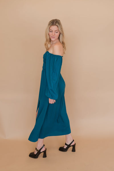 Kyndra Smocked Off Shoulder Dress | Turquoise