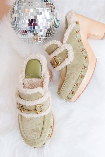 Jeffrey Campbell | Delanie Faux Shearling Mule | Olive Suede