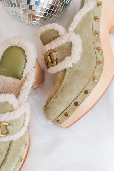 Jeffrey Campbell | Delanie Faux Shearling Mule | Olive Suede