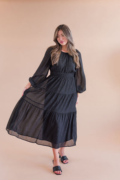 Moon River | Orla Tiered Shirred Back Cut-Out Midi Dress | Black - Poppy and Stella