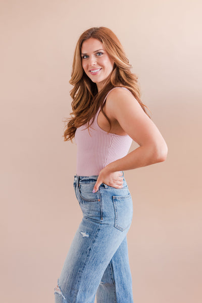 Jewel Ribbed Tank Bodysuit | Blush - Poppy and Stella